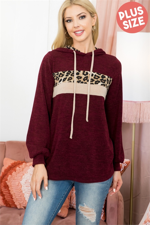 S16-8-4-PPT21078X-BU - PLUS SIZE LONG SLEEVE LEOPARD CONTRAST SELF TIE HOODIE- BURGUNDY-BROWN/BLACK-DARK TAUPE 3-2-1