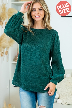 S10-17-4-PPT21079X-HTGN-1 - PLUS SIZE GEO PATTERN BOAT NECK LONG SLEEVE TOP- HUNTER GREEN 2-0-2