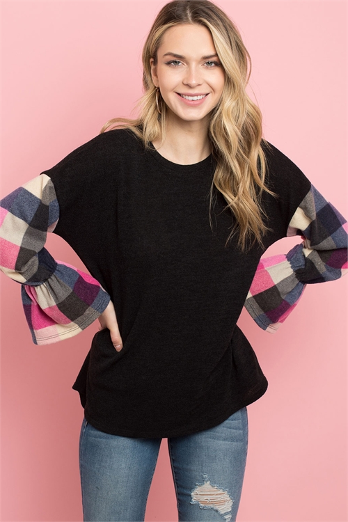 S11-12-4-PPT2108-BKPK - PLAID BELL SLEEVES MIER SWEATER- BLACK/PINK 1-2-2-2