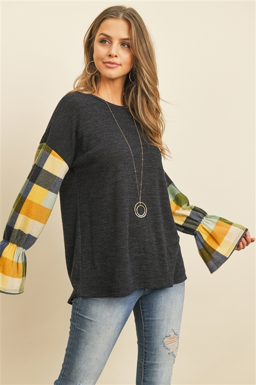 S8-1-2-PPT2108-NVMU-1 - PLAID BELL SLEEVES MIER SWEATER- NAVY/MUSTARD 1-2-2