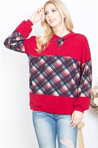 S12-1-5-PPT21081-BUCDRSBG - PLAID CONTRAST LONG SLEEVE HOODIE TOP- BURGUNDY-CUADROS BEIGE 1-2-2-2