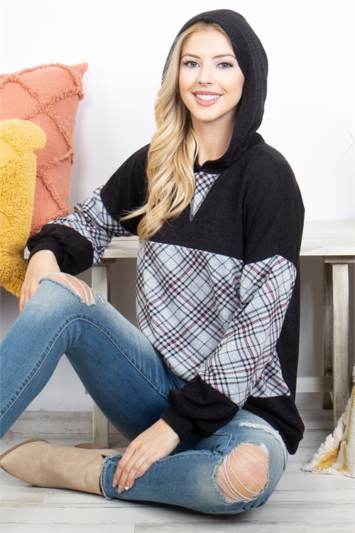 S11-5-4-PPT21082-BKCHL - PLAID CONTRAST LONG SLEEVE HOODIE TOP- BLACK-CHARCOAL 1-2-2-2