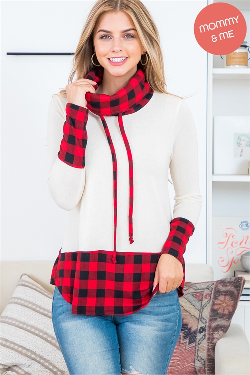 S11-6-2-PPT21084-BGRDCB - PLAID CONTRAST TURTLE NECKLINE LONG SLEEVE TOP- BEIGE-RED COMBO 1-2-2-2