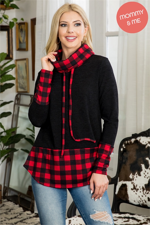 S4-9-2-PPT21084-BKRDCB - PLAID CONTRAST TURTLE NECKLINE LONG SLEEVE TOP- BLACK-RED COMBO 1-2-2-2