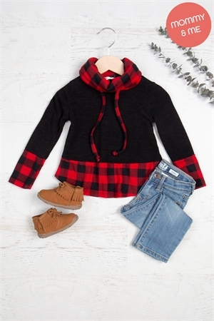 S11-11-4-PPT21084TK-BKRDCB-2 - KIDS PLAID CONTRAST TURTLE NECKLINE LONG SLEEVE TOP- BLACK-RED COMBO 2-0-0-2-0-0-0-0