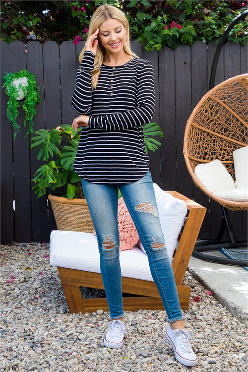 S11-18-2-PPT21085-BKIV - BUTTON DETAIL LONG SLEEVE STRIPES TOP- BLACK/IVORY 1-2-2-2 (NOW $8.50 ONLY!)
