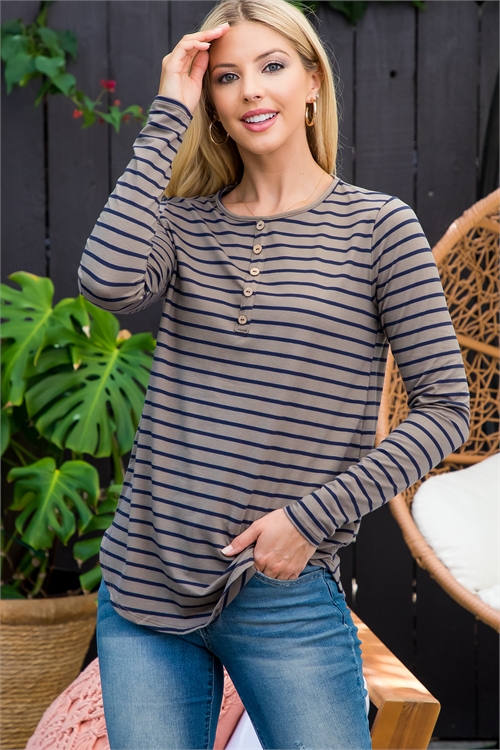 S14-3-4-PPT21085-TPNV-1 - BUTTON DETAIL LONG SLEEVE STRIPES TOP- TAUPE/NAVY 0-2-2-1