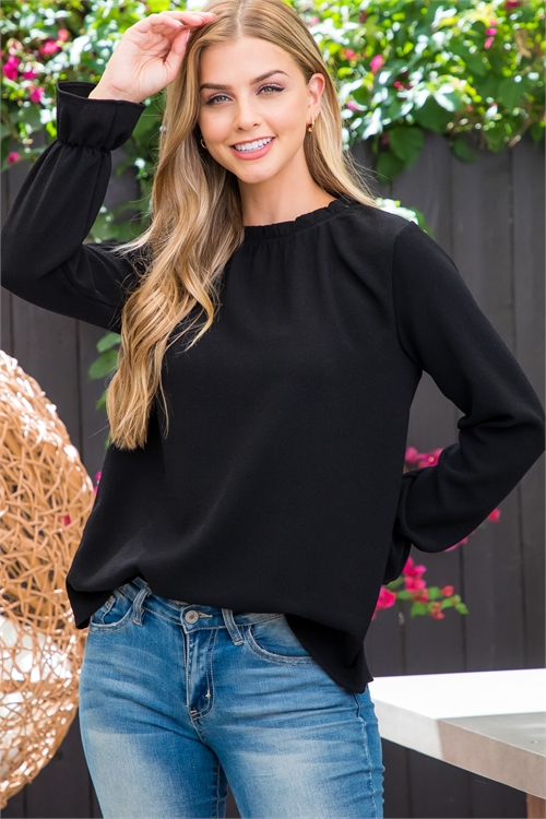 S16-8-4-PPT21087-BK-1 - FOLD FRILL NECKLINE LONG SLEEVE SOLID TOP- BLACK 0-1-1-1