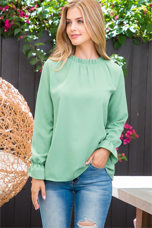 S9-9-3-PPT21087-GN - FOLD FRILL NECKLINE LONG SLEEVE SOLID TOP- GREEN 1-2-2-2