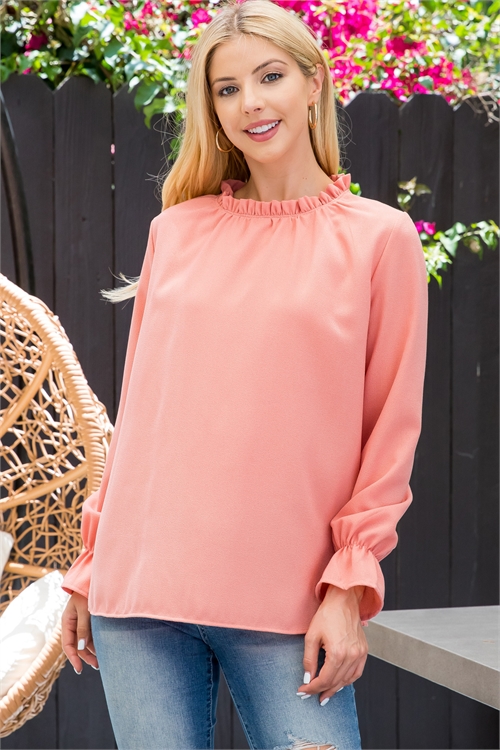 S9-5-1-PPT21087-PCH - FOLD FRILL NECKLINE LONG SLEEVE SOLID TOP- PEACH 1-2-2-2