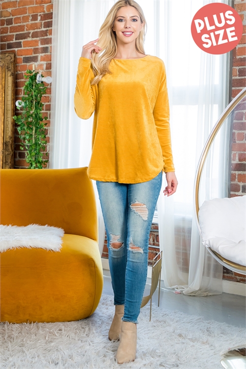 S9-14-4-PPT21089X-MU-1 - PLUS SIZE BOAT NECK LONG SLEEVE VELVET TOP- MUSTARD 2-4