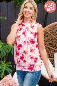 S16-10-3-PPT21098X-BLS - -PLUS SIZE FLORAL TURTLE NECKLINE SLEEVELESS TOP- BLUSH 3-2-1  (NOW $5.75 ONLY!)
