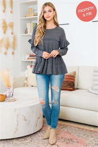 S10-11-2-PPT21102-CHL - RUFFLE DETAIL LONG SLEEVE BELLA RIB TOP- CHARCOAL 1-2-2-2 (NOW $11.75 ONLY!)