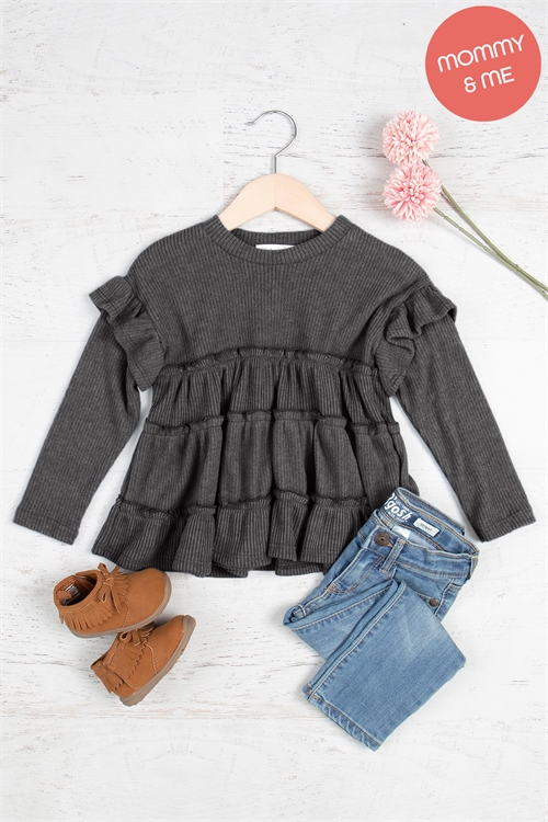 S11-7-3-PPT21102TK-CHL-1 - KIDS RUFFLE DETAIL LONG SLEEVE BELLA RIB TOP- CHARCOAL 1-0-0-1-1-1-1-0