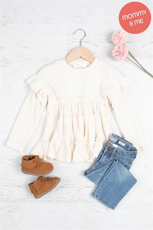 S11-7-3-PPT21102TK-CRM-1 - KIDS RUFFLE DETAIL LONG SLEEVE BELLA RIB TOP- CREAM 1-1-0-1-0-1-1-1