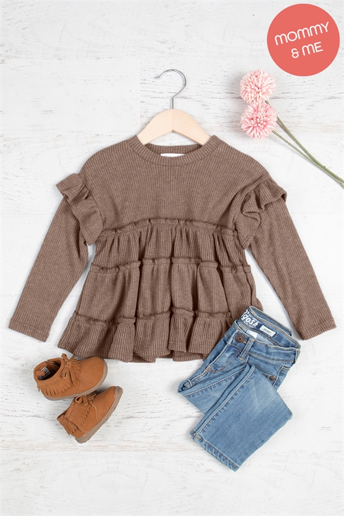 S11-7-3-PPT21102TK-MC-1 - KIDS RUFFLE DETAIL LONG SLEEVE BELLA RIB TOP- MOCHA 1-1-0-1-0-1-1-1