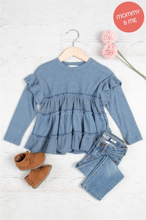 S11-7-3-PPT21102TK-TLBL-1 - KIDS RUFFLE DETAIL LONG SLEEVE BELLA RIB TOP- TEAL BLUE 1-1-0-1-1-1-1-1