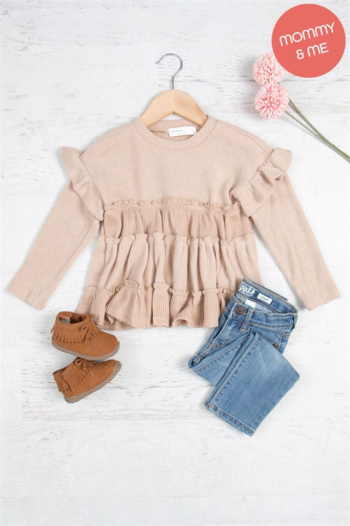 S11-7-3-PPT21102TK-TP-1 - KIDS RUFFLE DETAIL LONG SLEEVE BELLA RIB TOP- TAUPE 1-1-0-1-0-1-1-1