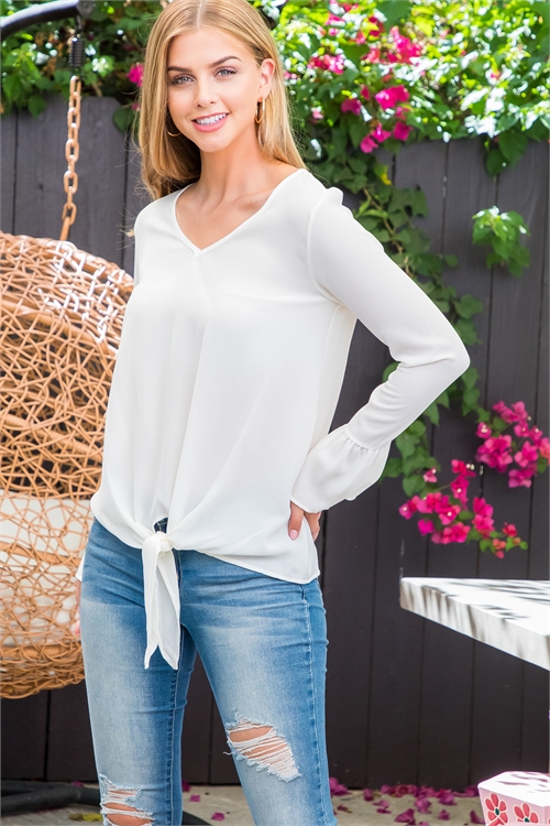 S16-5-3-PPT21103-IV - LONG RUFFLE SLEEVE FRONT TIE V-NECK TOP- IVORY 1-2-2-2