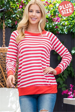 SA4-7-2-PPT21108X-IVRDLTRD-1 - PLUS SIZE LONG SLEEVE ROUND NECK STRIPE TOP- IVORY RED- LIGHT RED 0-1-1