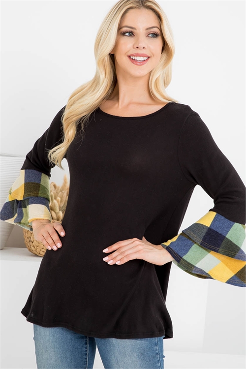 S9-14-3-PPT2111-BKMU - PLAID LAYERED BELL SLEEVE BOAT NECK SOLID TOP- BLACK/MUSTARD 1-2-2-2