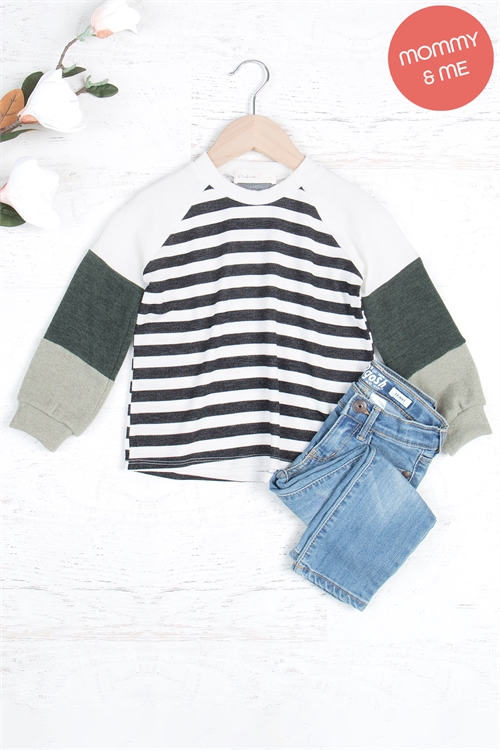 S10-7-2-PPT21114TK-DKOV - KIDS COLOR BLOCK LONG SLEEVE STRIPES TOP- IVORY/BLACK-OFF WHITE-DARK OLIVE-OLIVE 1-1-1-1-1-1-1-1