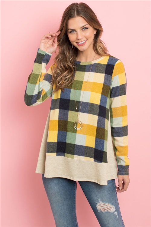 S4-1-2-PPT2112-MUOTM - PLAID LONG SLEEVES FRENCH TERRY HEM TOP- MUSTARD OATMEAL 1-2-2-2