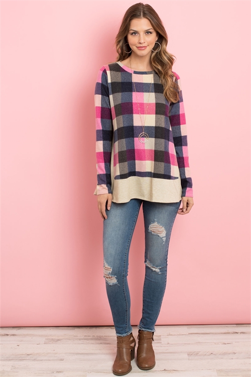 S4-3-2-PPT2112-PKOTM-1 - PLAID LONG SLEEVES FRENCH TERRY HEM TOP- PINK OATMEAL 2-2-2-2