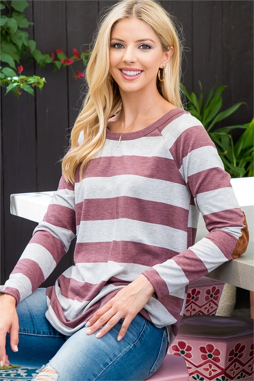 S15-4-2-PPT21121-BUGY - STRIPE LONG SLEEVE ELBOW PATCH TOP- BURGUNDY/GREY 1-2-2-2