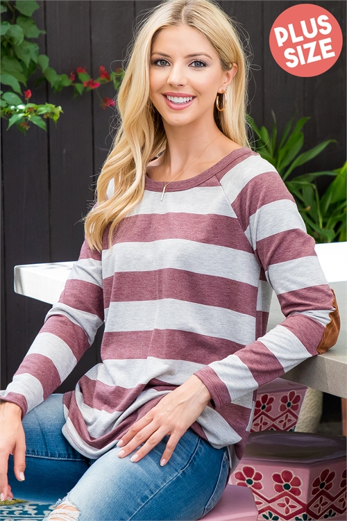 S15-12-3-PPT21121X-BUGY - PLUS SIZE STRIPE LONG SLEEVE ELBOW PATCH TOP- BURGUNDY/GREY 3-2-1 (NOW $9.50 ONLY!)