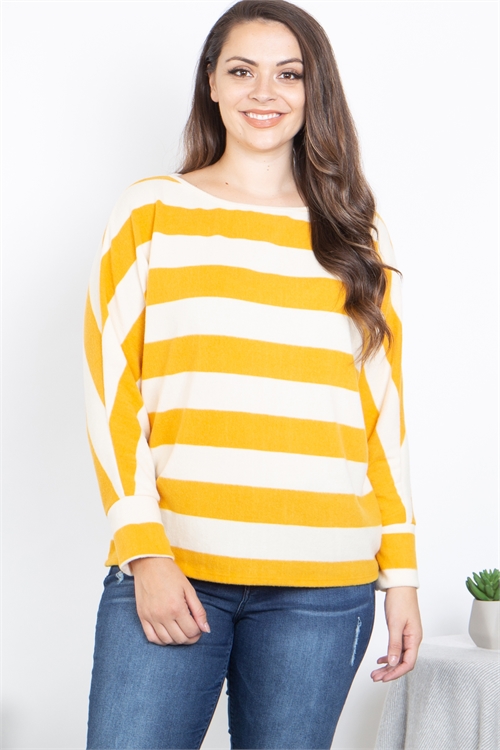 S9-1-3-PPT21127X-MUIV - PLUS SIZE STRIPES LONG SLEEVE DOLMAN SLEEVE TOP- MUSTARD/IVORY 3-2-1