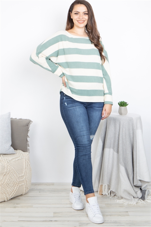 SA4-5-1-PPT21127X-SGIV - PLUS SIZE STRIPES LONG SLEEVE DOLMAN SLEEVE TOP- SAGE/IVORY 3-2-1