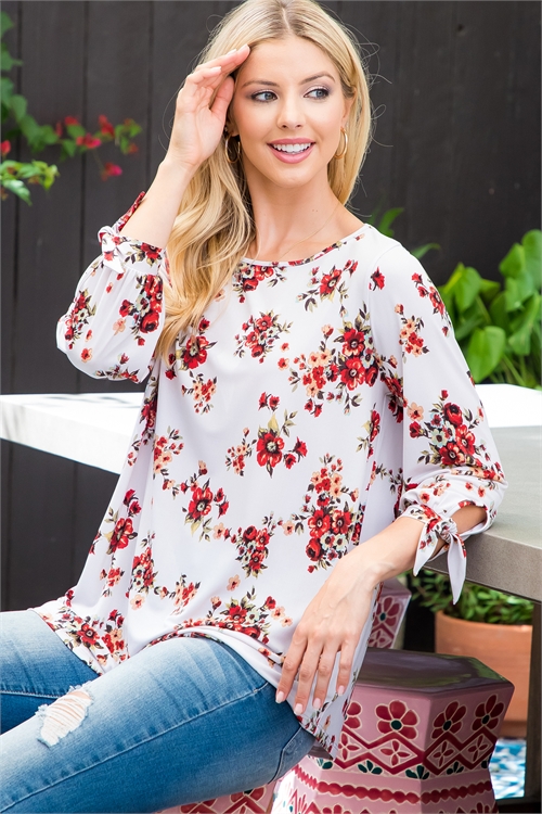 S10-6-1-PPT21128-IV - FLORAL QUARTER TIE KNOT DETAIL SLEEVE TOP- IVORY 1-2-2-1 (NOW $2.75 ONLY!)