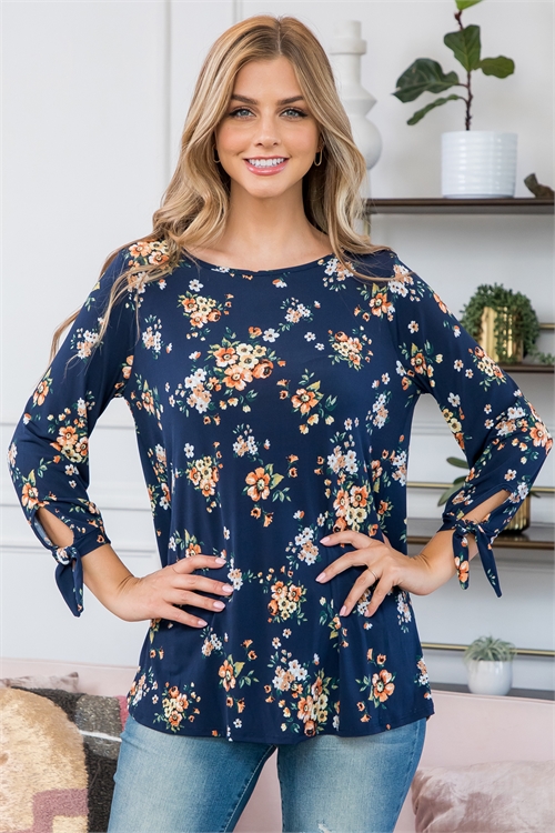 S12-11-4-PPT21128-NV-1 - FLORAL QUARTER TIE KNOT DETAIL SLEEVE TOP- NAVY 0-1-0-1