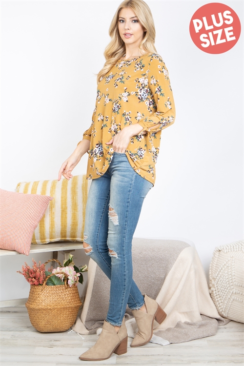 S14-6-5-PPT21128X-MU - PLUS SIZE FLORAL QUARTER TIE KNOT DETAIL SLEEVE TOP- MUSTARD 3-2-1