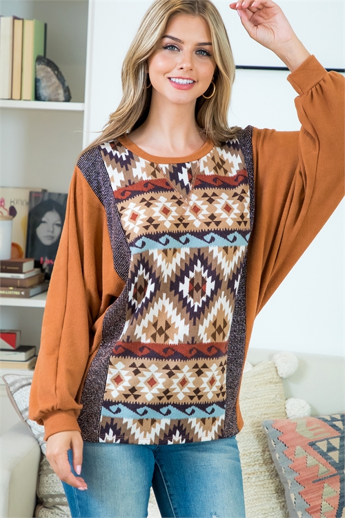 S13-5-4-PPT21130-BRK - AZTEC PRINTED GLITTER DETAIL CONTRAST DOLMAN TOP- BRICK-TAUPE BRICK-BLACK/ROSE GOLD 1-2-2-2  (NOW $6.75 ONLY!)