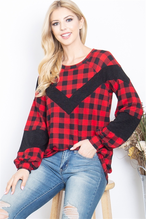 S11-19-3-PPT21132-RDCBBK - CHEVRON DETAIL CONTRAST PLAID TOP- RED COMBO-BLACK 1-2-2-2