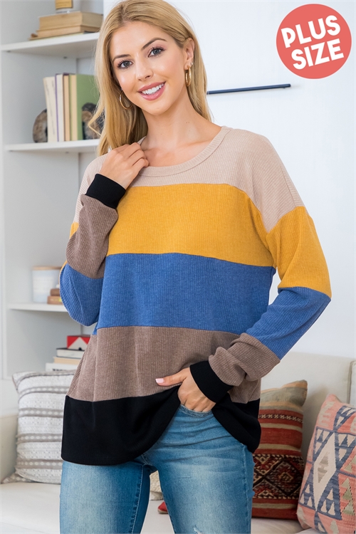 S4-10-3-PPT21133X-TPMU-1 - PLUS SIZE BELLA RIB COLOR BLOCK LONG SLEEVE TOP- TAUPE-MUSTARD-NAVY-MOCHA-BLACK 2-2-1