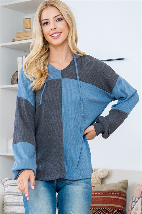 S15-1-4-PPT21134-TLBLCHL - COLOR BLOCK BELLA RIB SELF TIE HOODIE TOP- TEAL BLUE-CHARCOAL 1-2-2-2 (NOW $ 8.75 ONLY!)