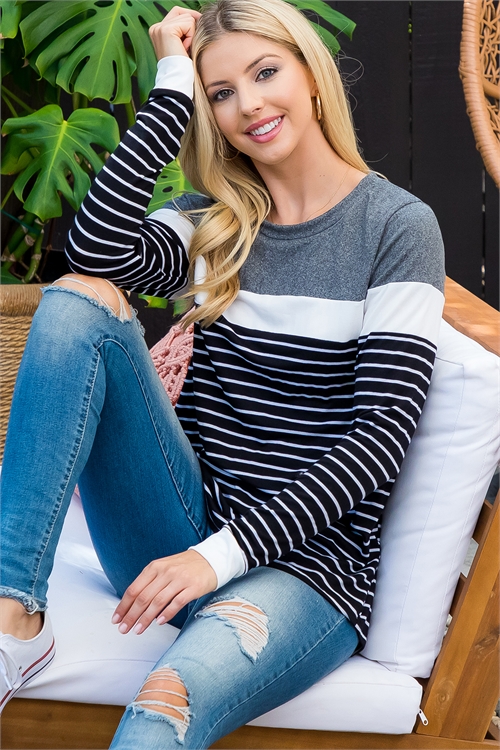 S6-3-1-PPT21135-BKIVDKHG - LONG SLEEVE STRIPES CONTRAST TOP- BLACK/IVORY-DARK HEATHER GREY-IVORY 1-2-2-2