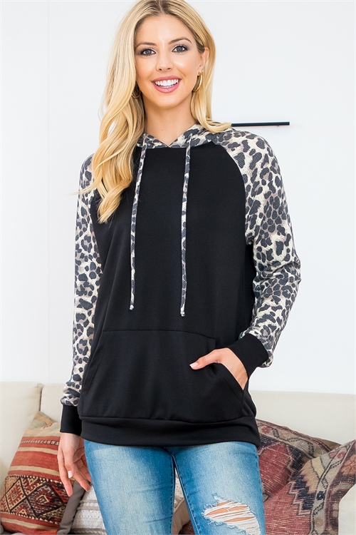 S12-12-2-PPT21137-BK - ANIMAL PRINT LONG SLEEVE SOLID HOODIE WITH KANGAROO POCKET- BLACK-GREY/BLACK 1-2-2-2