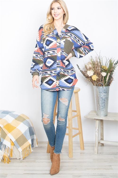 S16-7-1-PPT21138-BLGNOV - AZTEC PRINT BUTTON DOWN LONG SLEEVE HOODIE- BLUE GREEN-OLIVE 1-2-2-2 (NOW $13.75 ONLY!)