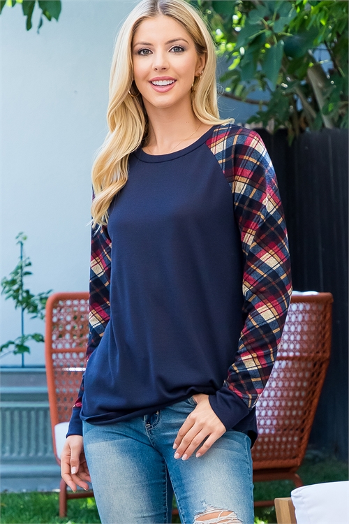 S11-19-3-PPT21139-MDNNV-1 - PLAID LONG SLEEVE CONTRAST SOLID TOP- MIDNIGHT NAVY-CUADROS BEIGE 0-2-2-2