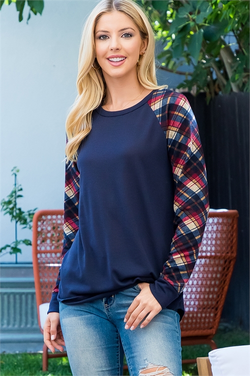 S4-10-4-PPT21139-MDNNV - PLAID LONG SLEEVE CONTRAST SOLID TOP- MIDNIGHT NAVY-CUADROS BEIGE 1-2-2-2