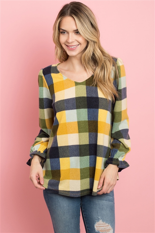 S8-1-2-PPT2114-MU - V-NECK RUFFLE SLEEVES PLAID TOP- MUSTARD 1-2-2-2