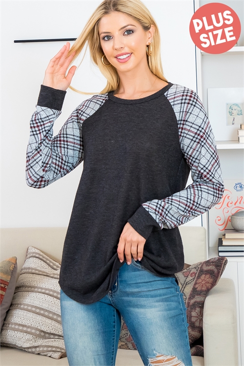 S8-14-3-PPT21140X-CHL2T-1 - PLUS SIZE PLAID LONG SLEEVE CONTRAST HACCI BRUSHED TOP- CHARCOAL 2TONE-CHARCOAL 2-2-0