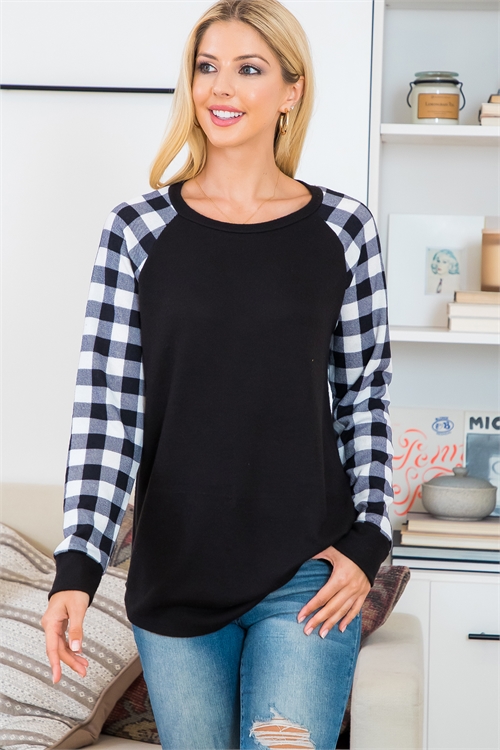 S9-9-1-PPT21141-BKIVBK - PLAID LONG SLEEVE CONTRAST SOLID TOP- BLACK-IVORY/BLACK 1-2-2-2