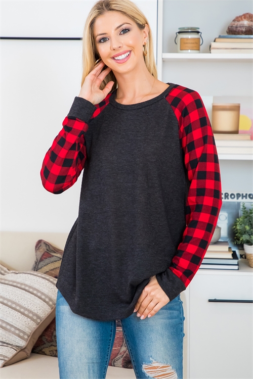 SA4-7-3-PPT21141-CHL2TRD-1 - PLAID LONG SLEEVE CONTRAST SOLID TOP- CHARCOAL 2TONE-RED COMBO 1-1-2-2