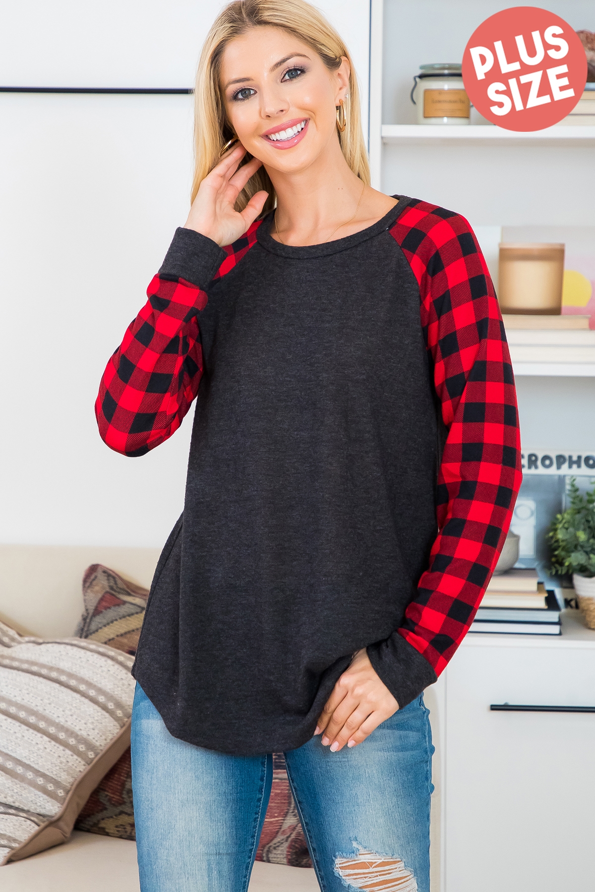 S12-4-2-PPT21141X-CHL2TRD - PLUS SIZE PLAID LONG SLEEVE CONTRAST SOLID TOP- CHARCOAL 2TONE-RED COMBO 3-2-1