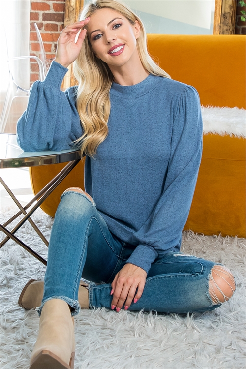 S11-13-4-PPT21143-DSTBL-1 - CREW NECK PUFF SLEEVE TOP- DUSTY BLUE 0-2-2-0